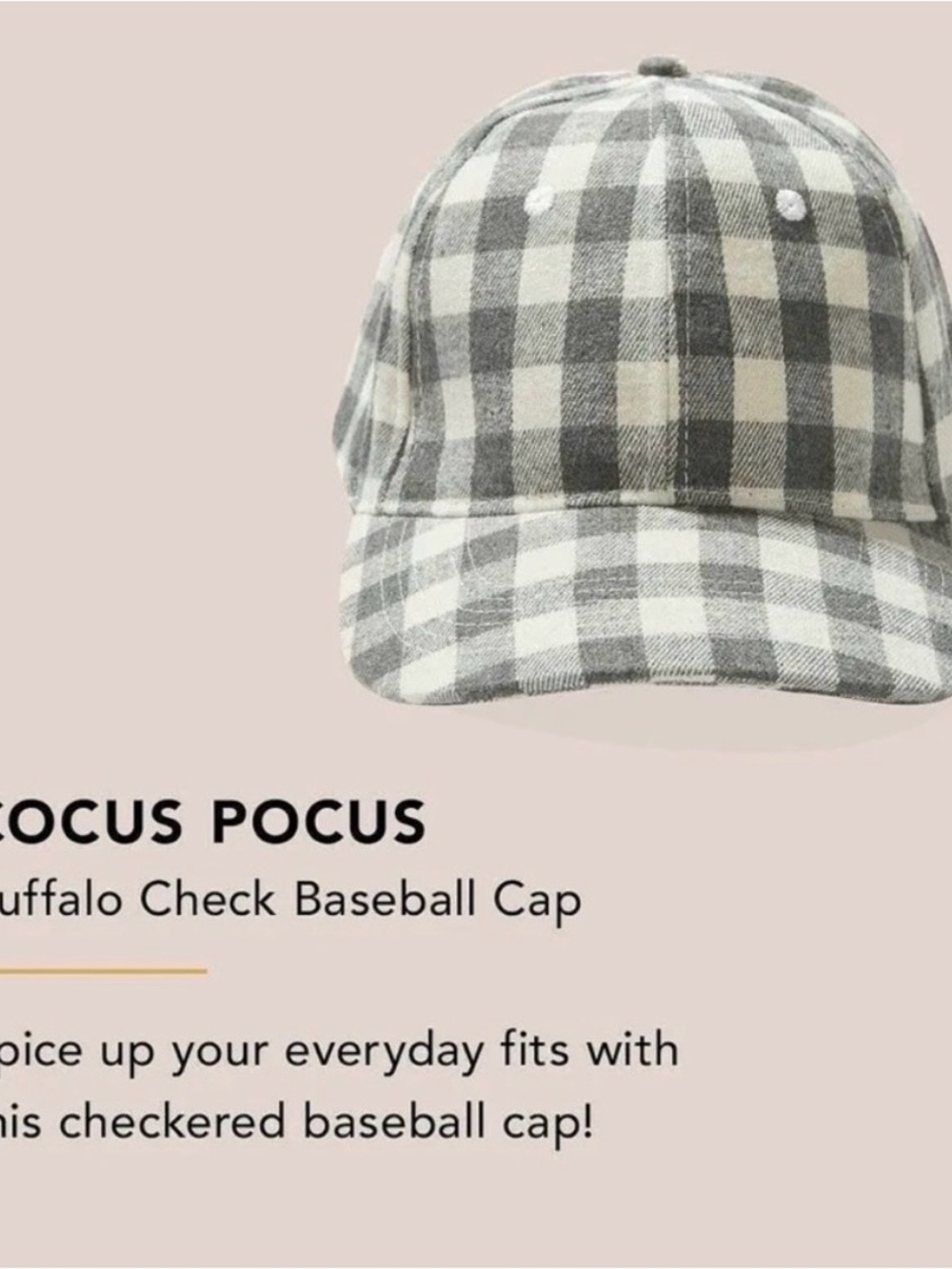 NWOT Buffalo Check Baseball Cap - Gray and Cream